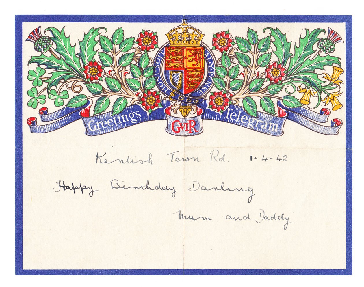 一封生日问候电报，约1942年（彩色平印）。 作者 英语学校
