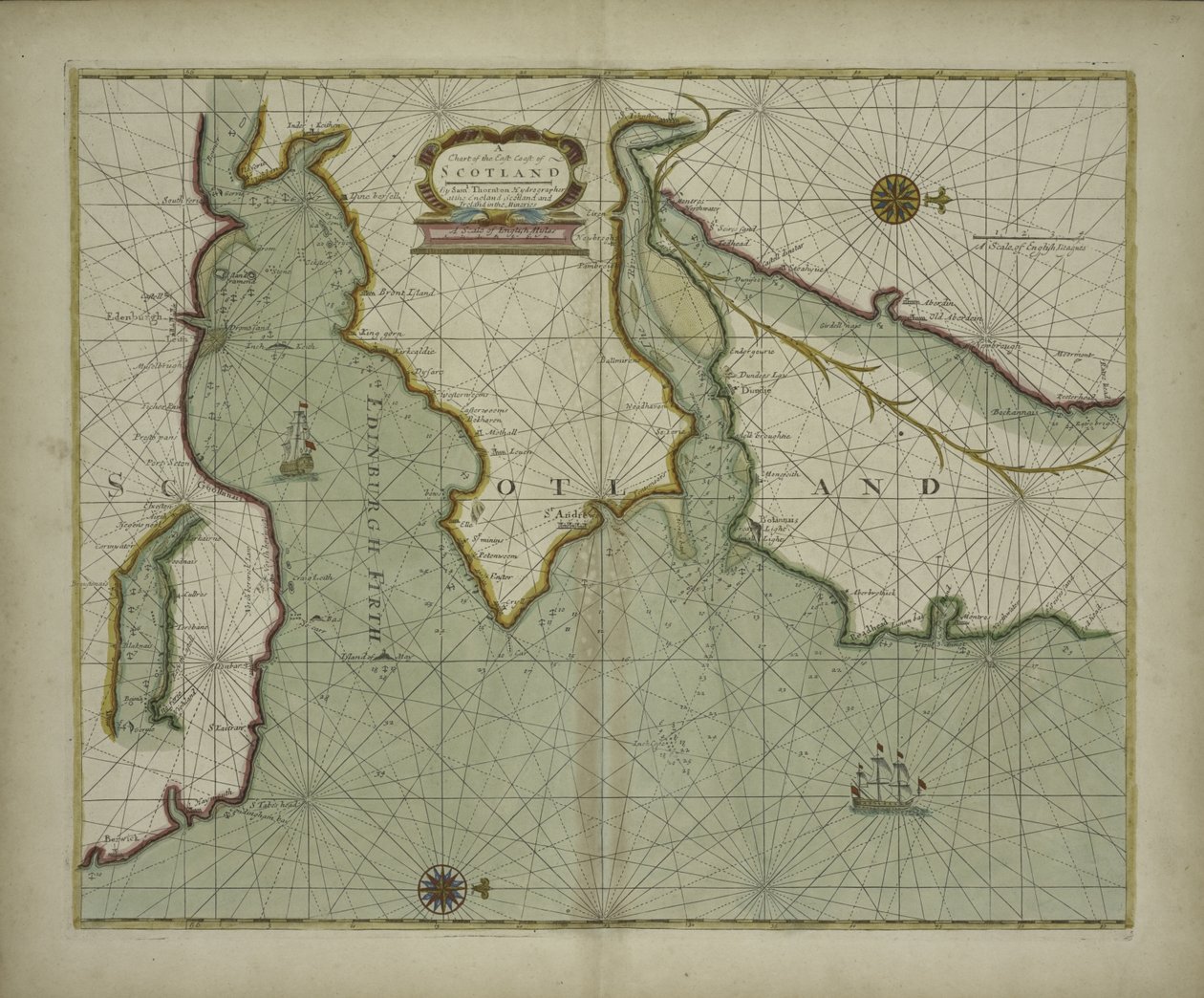 苏格兰东海岸的海图集图表，其中包含世界着名地区大部分海岸线的水文描述，Samuel Thornton，1707（手工彩色印刷） 作者 英语学校