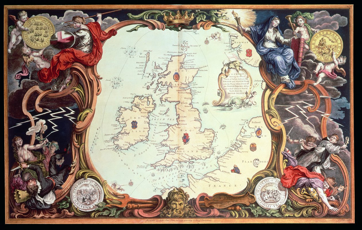 显示英国舰队和西班牙舰队之间多个交战地点的海图，以及多艘西班牙船只在返回西班牙时被摧毁的地点，1739 年出版，约翰-派恩绘制（手绘版画） 作者 英语学校