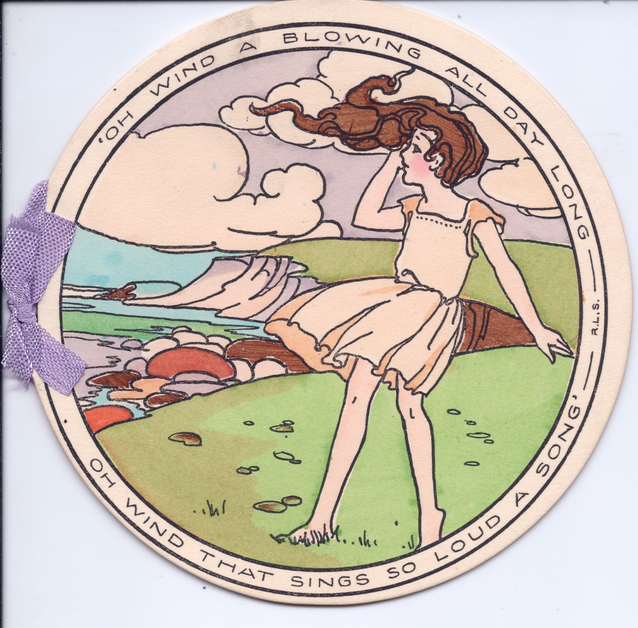 大约1910年，一个女孩在悬崖顶上的风中的圆形模切爱德华七世时代贺卡 作者 英语学校