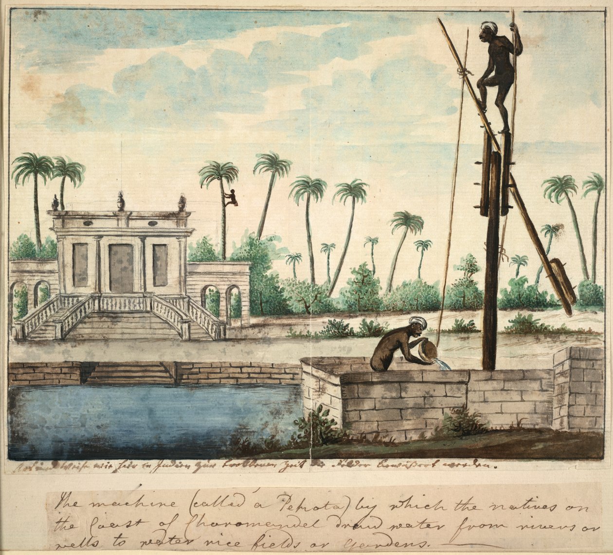 显示灌溉情况的殖民时期花园，约 1787 年（纸面水彩画） 作者 英语学校