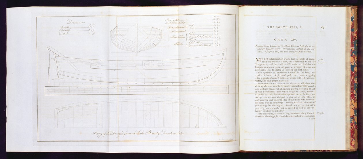 由Mackenzie镌刻的William Bligh（1754-1817）从A Voyage到南海建造的Bountys发射草案的副本，出版于1792年（另见174207,174209） 作者 英语学校