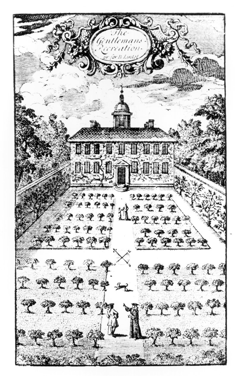一个乡间别墅花园，来自约翰劳伦斯的The Gentlemens Recreation，于1716年出版 作者 英语学校