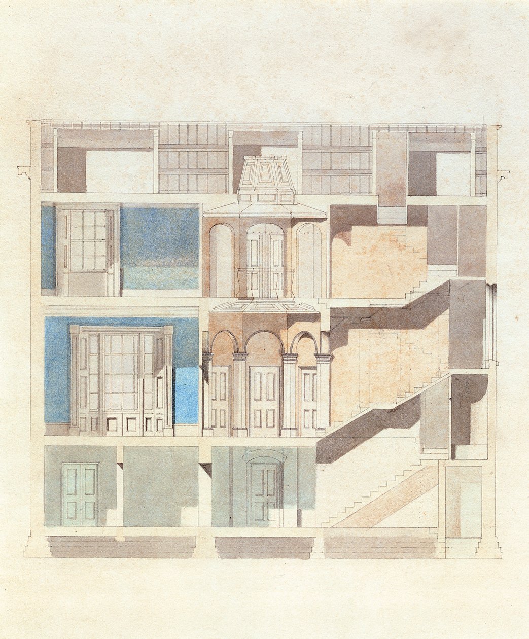 经典城镇住宅内部的横截面设计，c.1840（带钢笔和墨水的wc） 作者 英语学校
