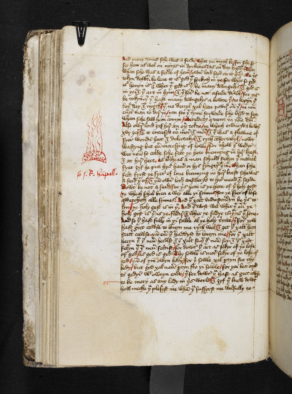 玛格丽-肯普之书》中代表 "ignis divini amoris "的火焰，Add MS 61823 f.43v，约 1445-50 年（羊皮纸上的钢笔和墨水）。 作者 英语学校