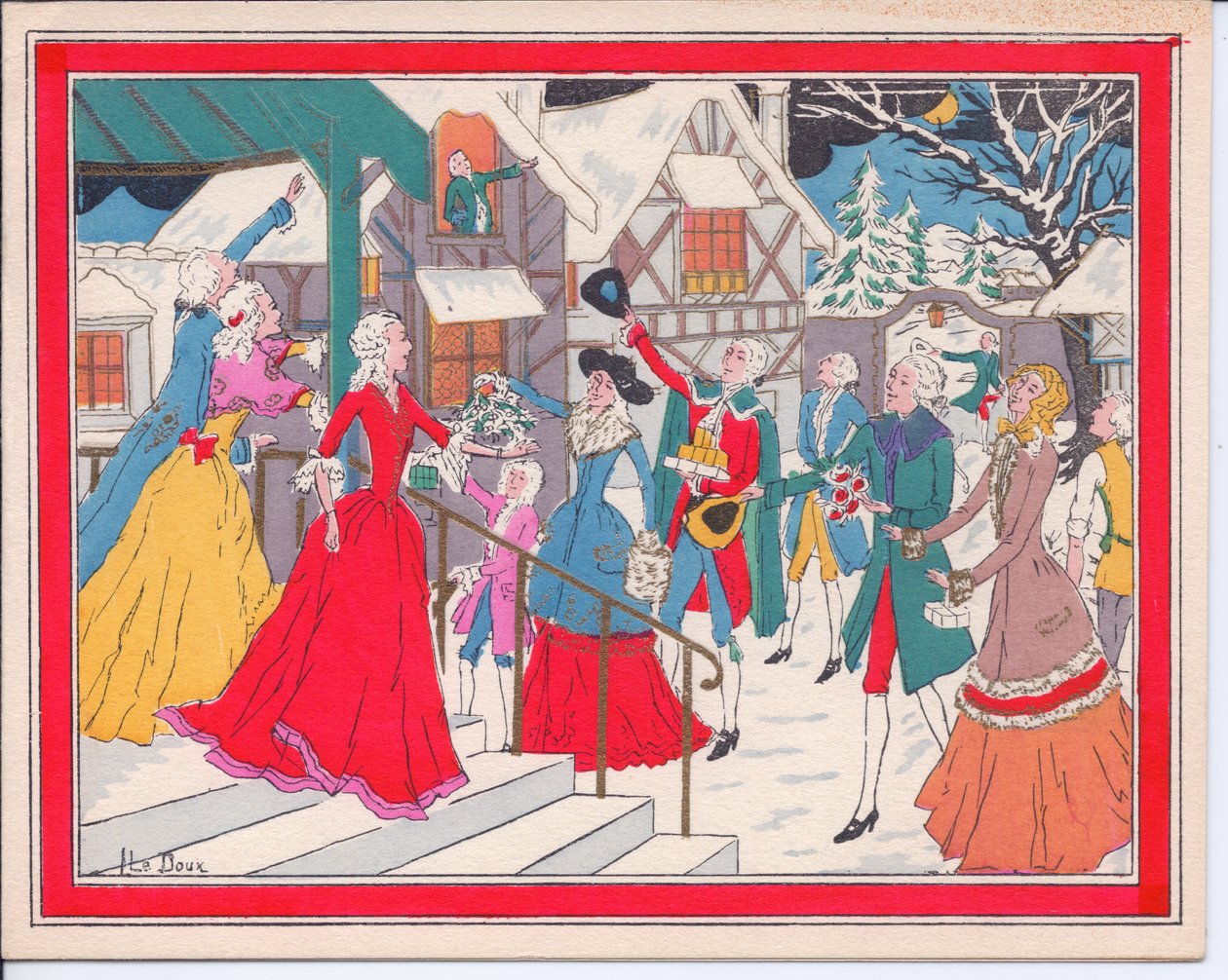 帝舵时代冬季场景的手绘法国Pochoir圣诞贺卡，约1920年 作者 英语学校