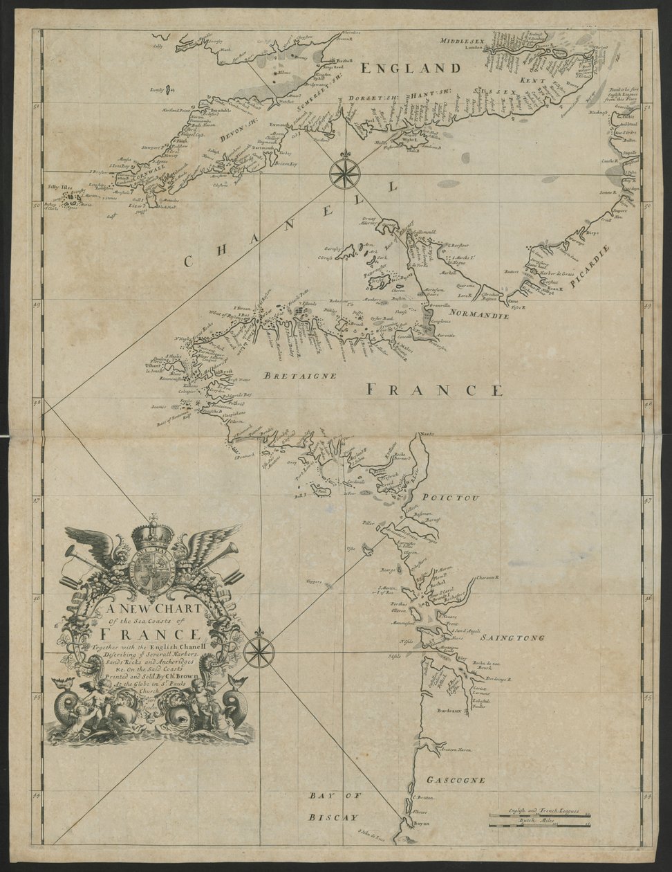 法国海岸新海图，附英国夏奈尔海图》，约 1730 年（平版） 作者 英语学校