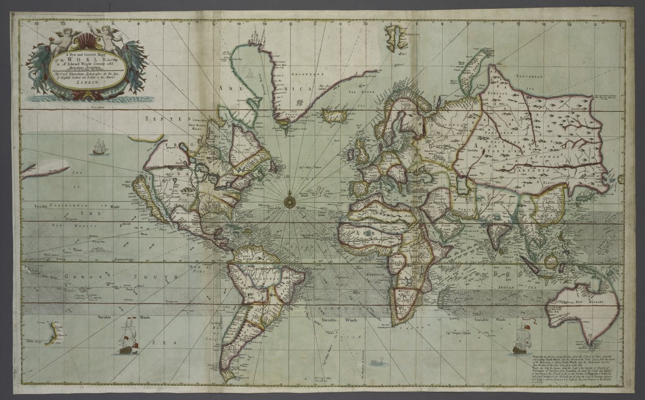 1707年（手工彩色印刷）海图集的世界新地图 作者 英语学校