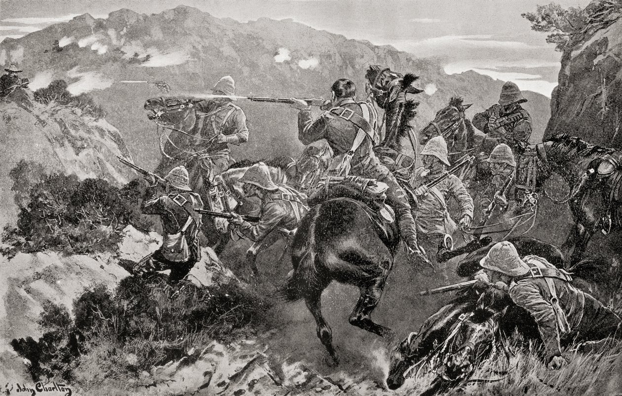 第二次布尔战争期间，第 13 骠骑兵团在夸祖鲁-纳塔尔省骠骑兵山图盖拉河附近出其不意，摘自《南非和德兰士瓦战争》，路易斯·克莱斯维克 (Louis Creswicke) 着，1900 年出版（平版印刷） 作者 英语学校