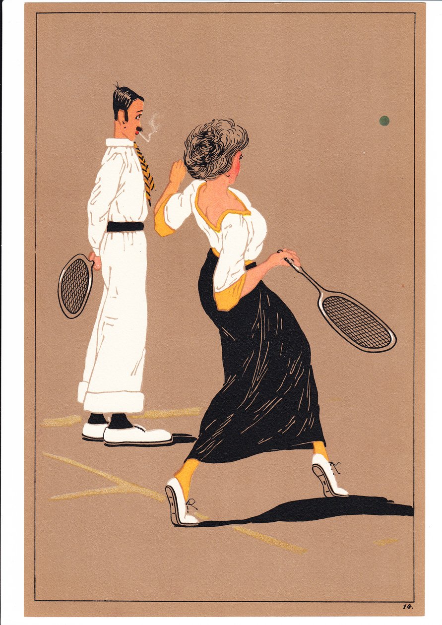 一幅印有两名网球运动员滑稽幽默姿态的版画，约 1920 年（彩色石版画） 作者 英语学校
