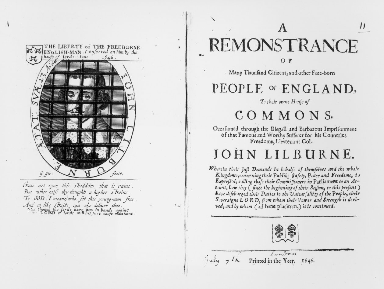 Levellers对下议院关于其领导人John Lilburne（1614-57）监禁的抗议于1646年公布 作者 英语学校