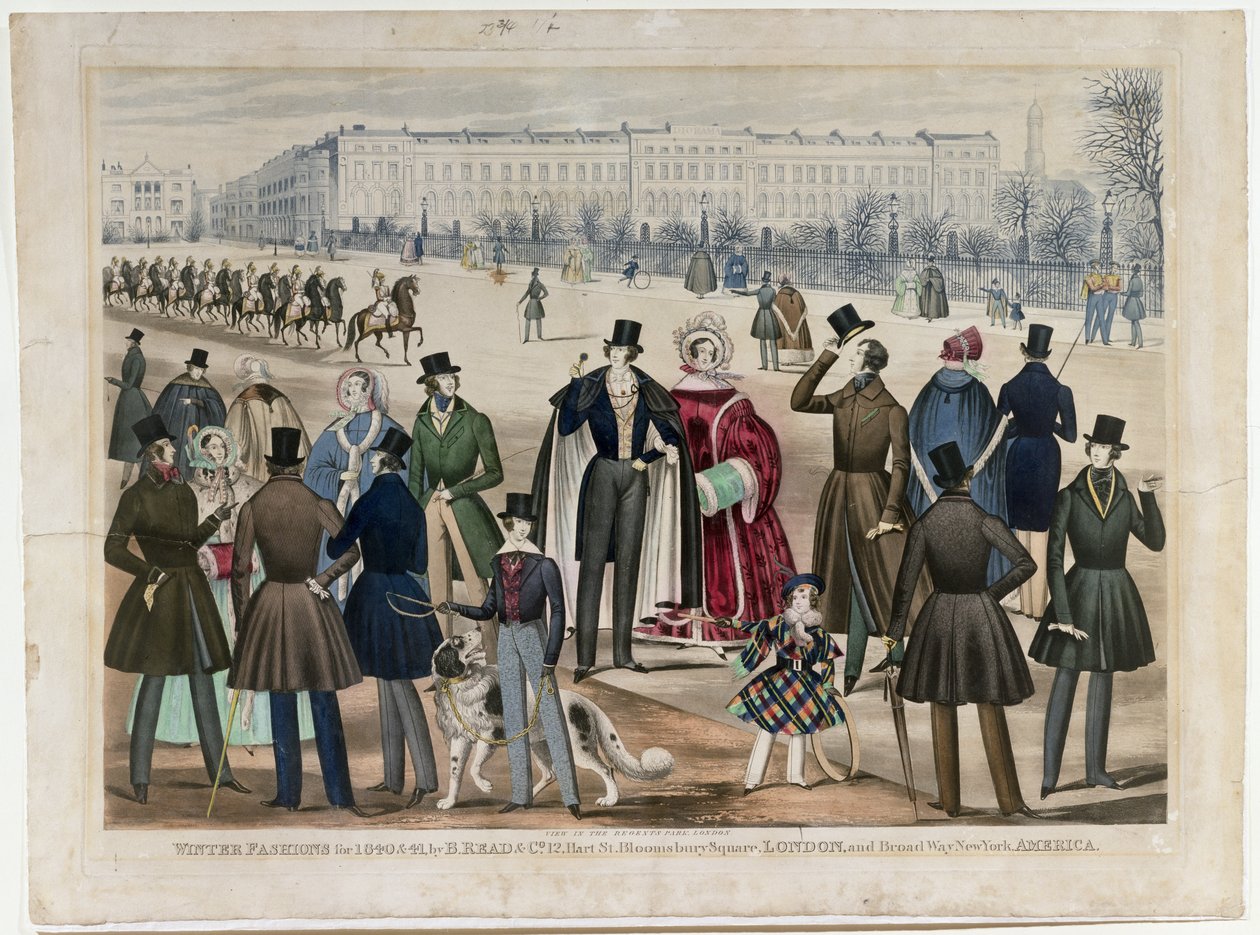 伦敦摄政公园（Regents Park）的一幅视图，展示了1840年和1841年的冬季时装，由B.Read＆Co出版，1840年（纸上的aquatint） 作者 英语学校