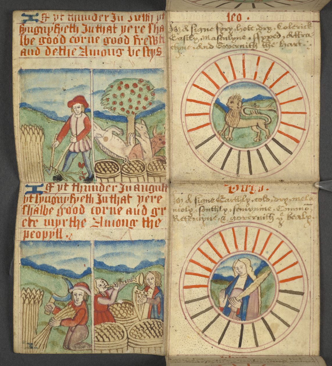 Add.17367， f.6r《狮子座和处女座》，摘自《年鉴》，包含主宰字母和黄金数字表；查找活动节庆的指示；圣徒日历、纪元、英国君主名单、天气预报、星座的影响。 作者 英语学校