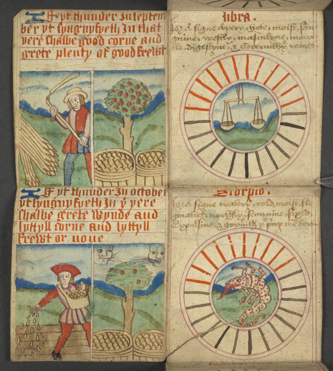 Add.17367，f.7r 天秤座和天蝎座，摘自《年鉴》，包含主宰字母和黄金数字表；查找活动节日的指示；圣徒日历、纪元、英国君主名单、天气预报、星座的影响。 作者 英语学校