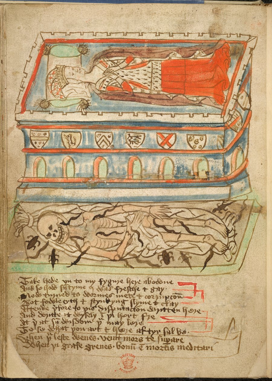 添加。37049，f.32v，一具女尸躺在棺材里，下面可以看到一具骷髅，选自 "宗教的沙漠"。 作者 英语学校
