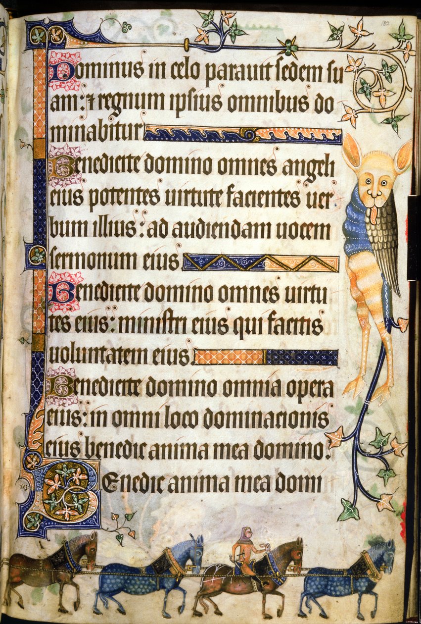 添加 42130 f.182 f.181v 上的文字马画马车，出自 "卢特雷尔诗篇"，约 1325-35 年（牛皮纸）。 作者 英语学校