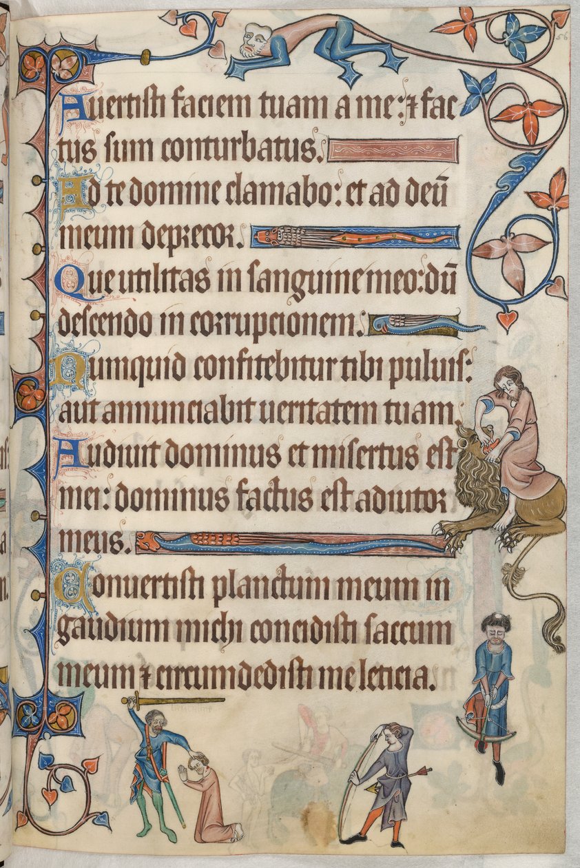 Add.42130，f.56，诗篇 29，兰开斯特的托马斯的处决，选自 "卢特雷尔诗篇"，约 1325-35 年（牛皮纸） 作者 英语学校
