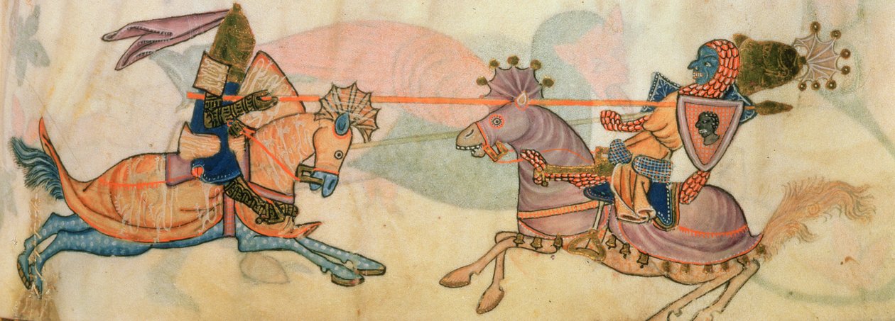 添加 42130 f.82 两个骑士比武的细节，出自 "卢特雷尔诗篇"，约 1325-35 年（牛皮纸）。 作者 英语学校