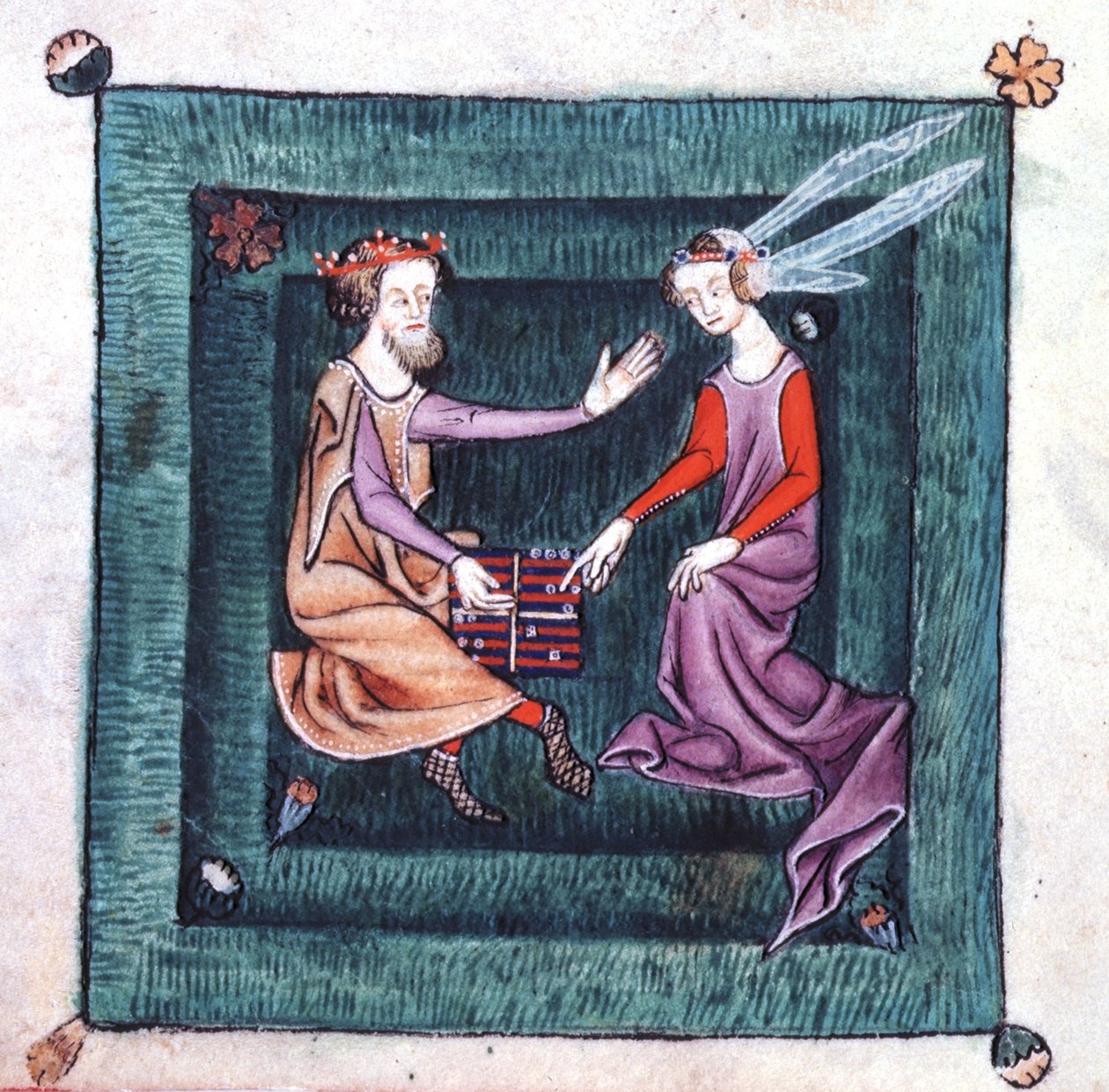 Add 42130 fol.76v 一位国王和一位女士坐在花园里，正在玩一种类似西洋双陆棋的棋盘游戏，出自《卢特雷尔诗篇》，1340 年前为杰弗里-卢特雷尔爵士开始创作（牛皮纸）。 作者 英语学校