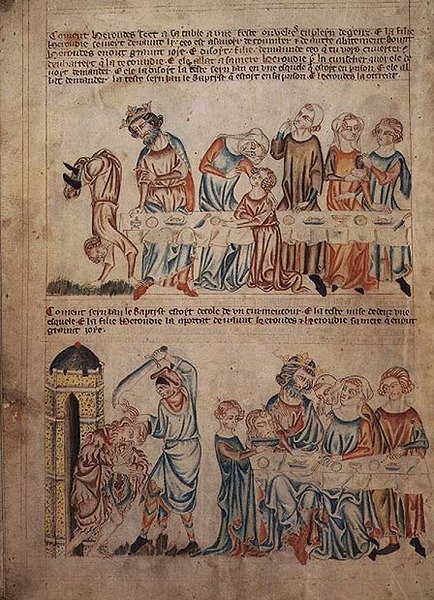 添加 47682 f.21v 在希律王面前跳舞的莎乐美和施洗约翰之死，选自 "霍克汉姆圣经"，约 1320-1330（牛皮纸） 作者 英语学校