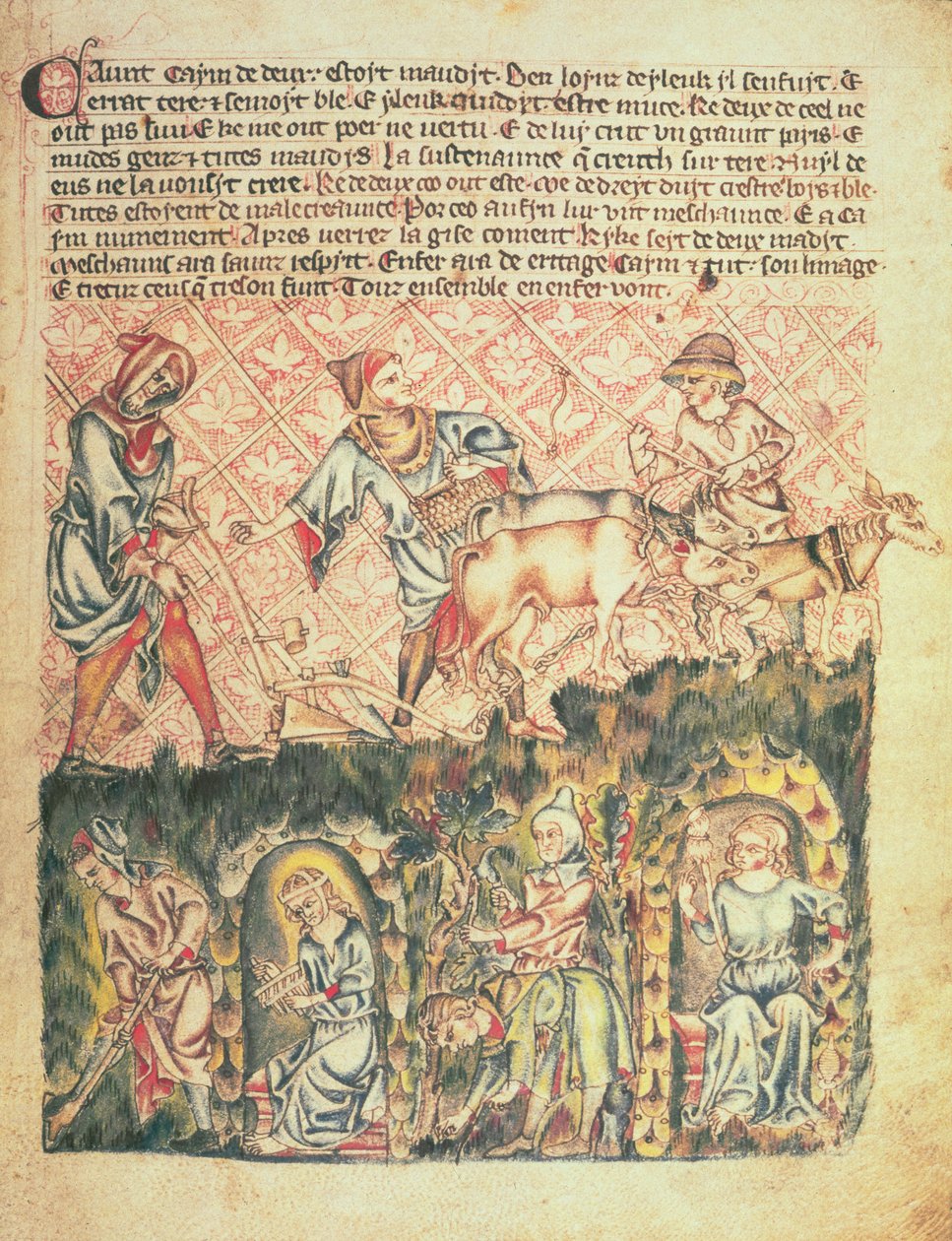 Add 47682 f.6 该隐和他的后裔，选自 "霍克汉姆圣经"，约 1320-30 年（牛皮纸）。 作者 英语学校