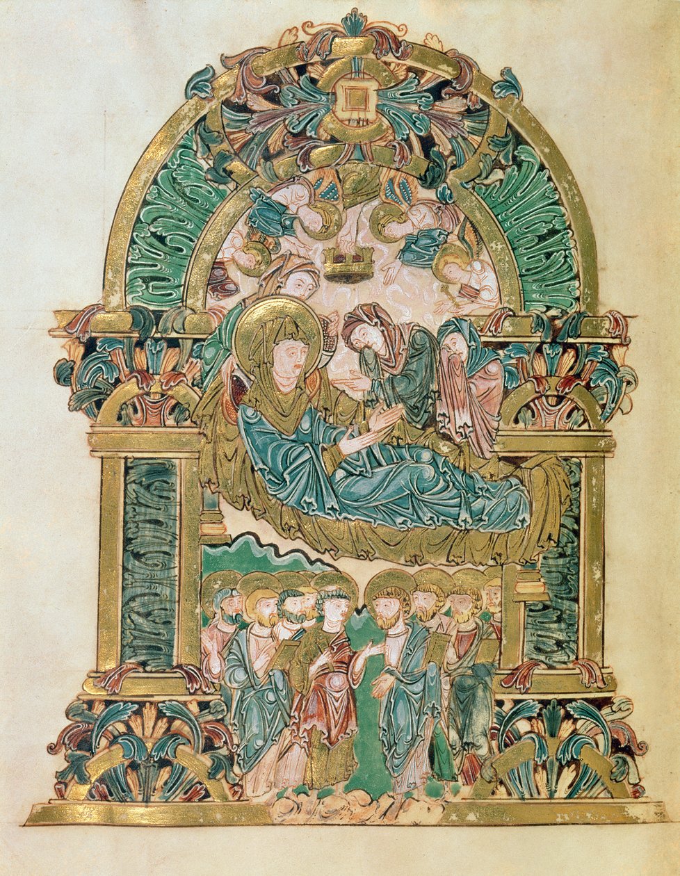 添加 49598 f.102v 圣母升天，选自约 980 年温彻斯特圣艾瑟尔沃尔德的 Benedictional（牛皮纸） 作者 英语学校