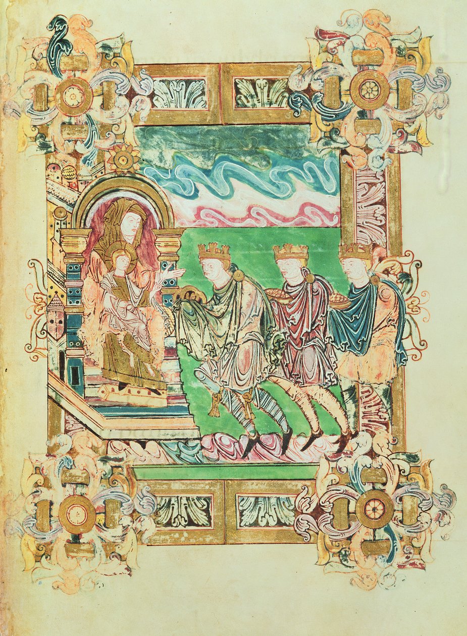 Add 49598 f.24b 《玛吉的崇拜》，选自温彻斯特圣艾特尔沃尔德的 Benedictional，约 980 年（牛皮纸） 作者 英语学校