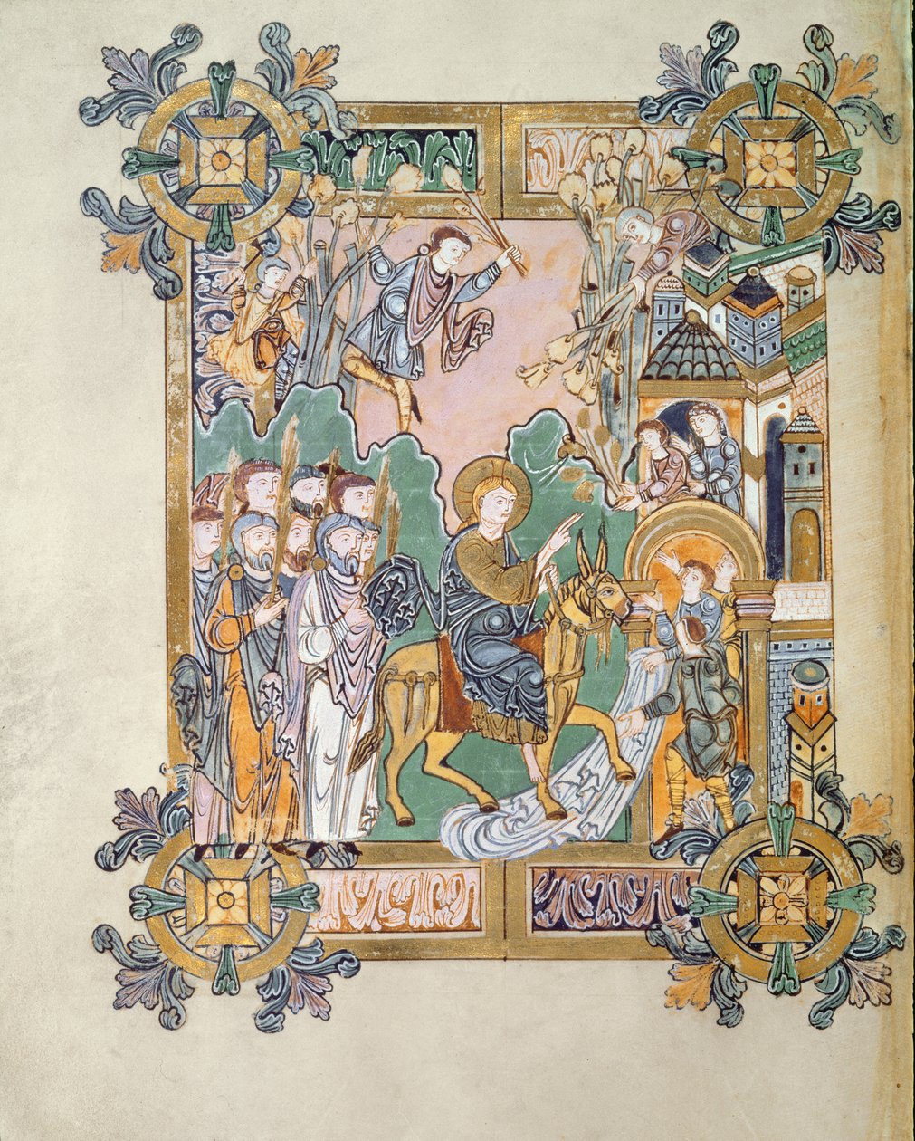添加 49598 f.45v 《进入耶路撒冷》，选自温彻斯特圣艾特尔沃尔德本笃会，约 980 年（牛皮纸） 作者 英语学校