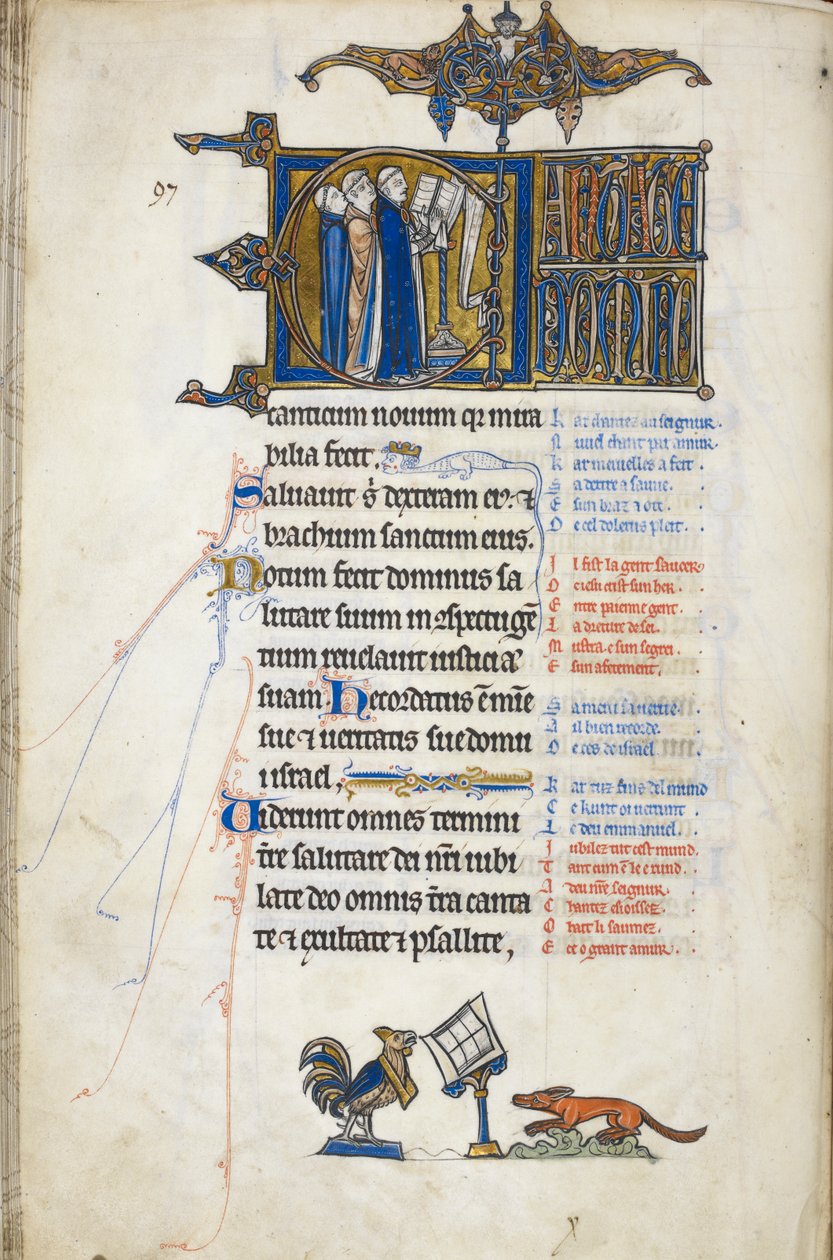 Add.50000，f.146v 诗篇 97；首字母 "C"，三名职员在讲台前歌唱。对开页底部，一只公鸡向一只狐狸布道，出自奥斯科特诗篇，约 1265-70 年（牛皮纸） 作者 英语学校