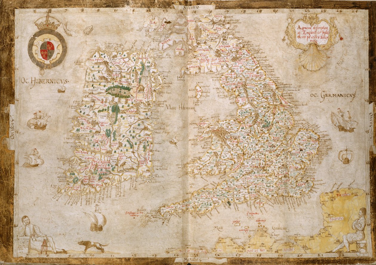 Add.62540， ff.3v-4，大不列颠及爱尔兰地图，摘自《Nowell-Burghley 地图集》，约 1564 年（牛皮纸） 作者 英语学校