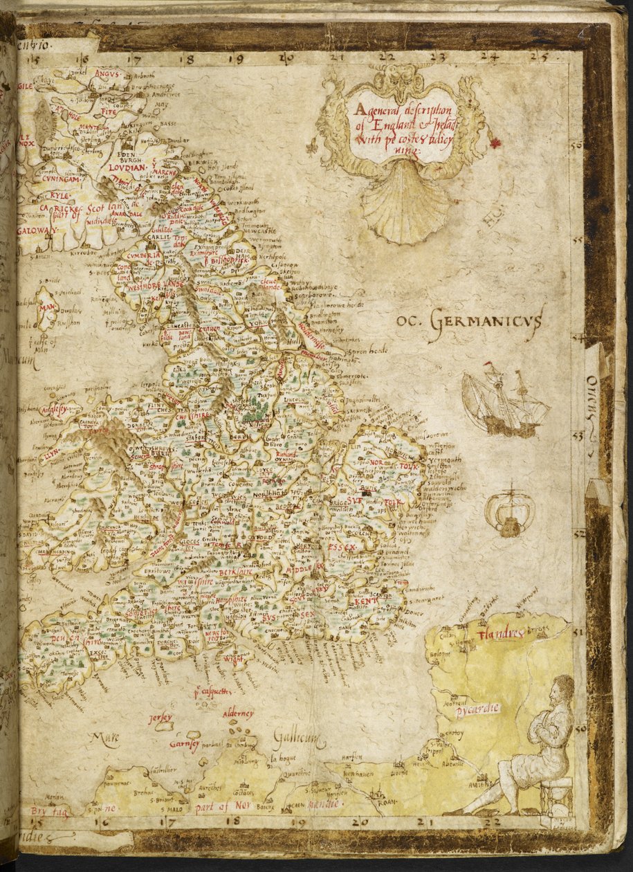 Add.62540，ff.3v-4，大不列颠和爱尔兰地图，选自 "Nowell-Burghley 地图集"，大不列颠详情，约 1564 年（牛皮纸） 作者 英语学校