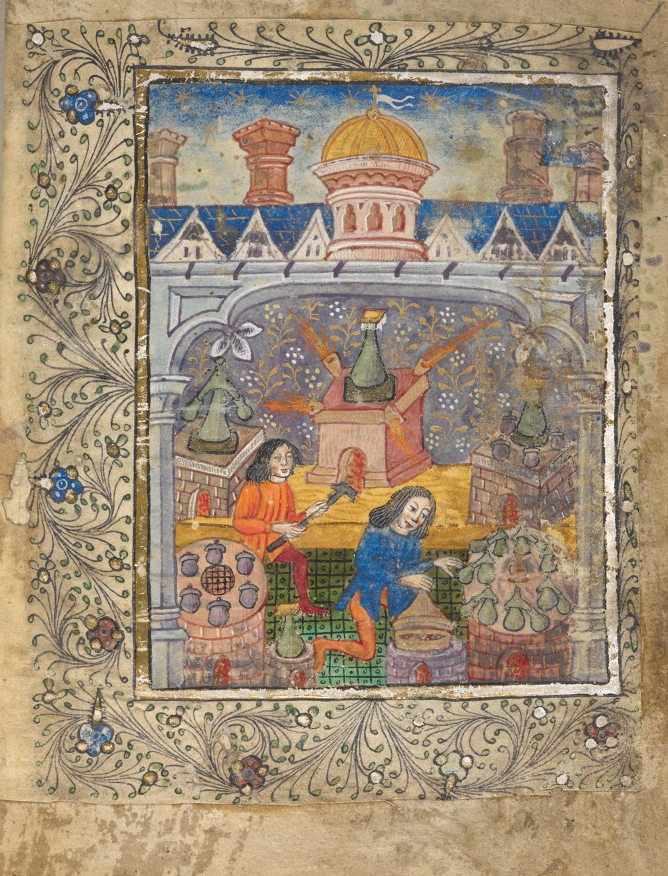 添加 MS 10302 f.37v f.1r 带有蒸馏器的七个熔炉，由两人看管，位于带冲天炉和烟囱的屋顶下，约 1477 年（牛皮纸）。 作者 英语学校