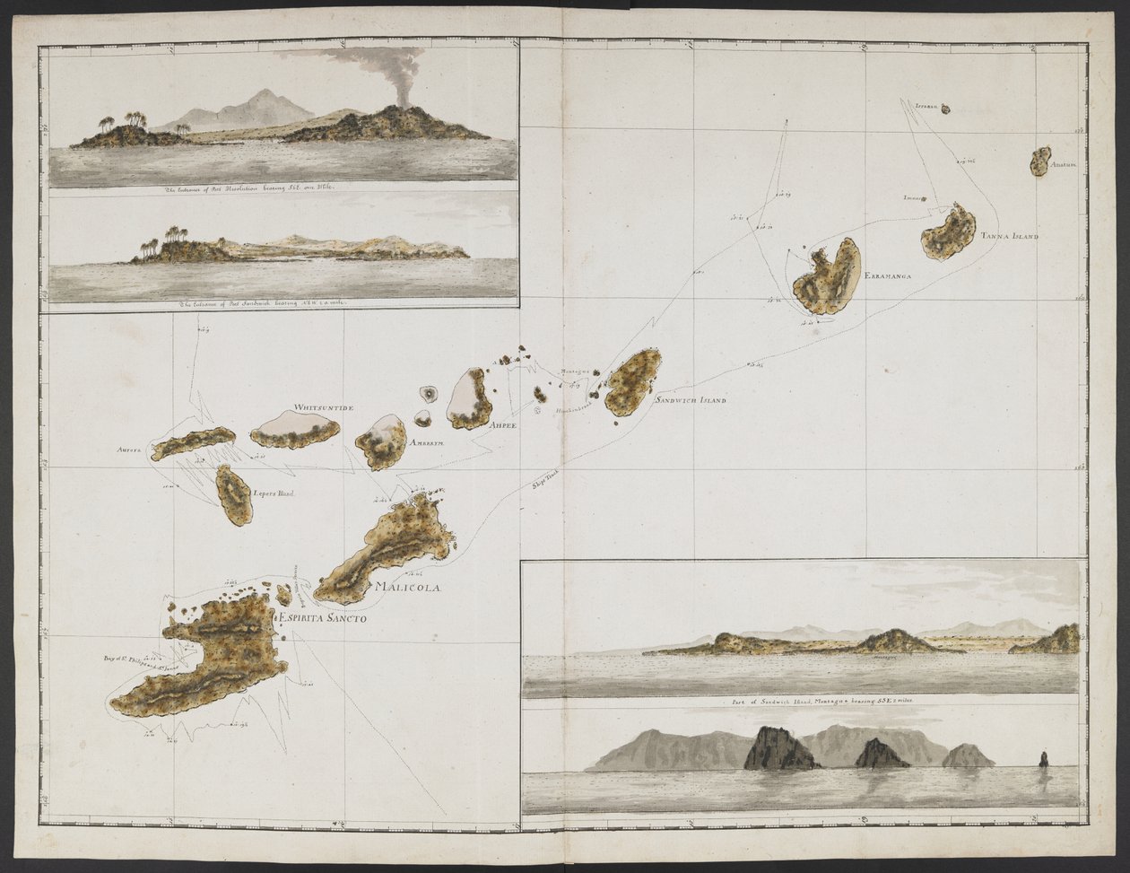 添加 MS 15500 f.17 库克船长乘坐 "决议号 "穿越太平洋和南大洋航行期间拍摄的 22 幅海图、海岬景观等。 作者 英语学校