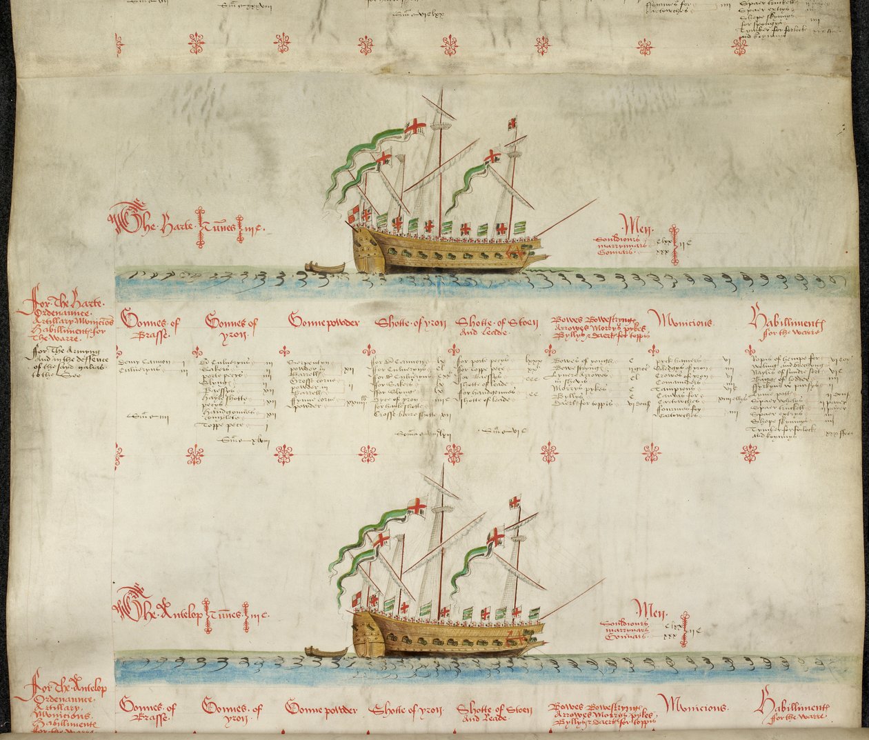 添加 MS 22047 f.2r，大帆船 "心 "和大帆船 "羚羊"，选自 "安东尼卷 作者 英语学校