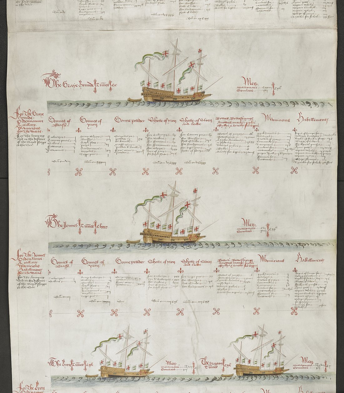 添加 MS 22047 f.6r Galleasses：灰狗》、《珍妮特》、《狮子》和《龙》，选自《安东尼卷 作者 英语学校
