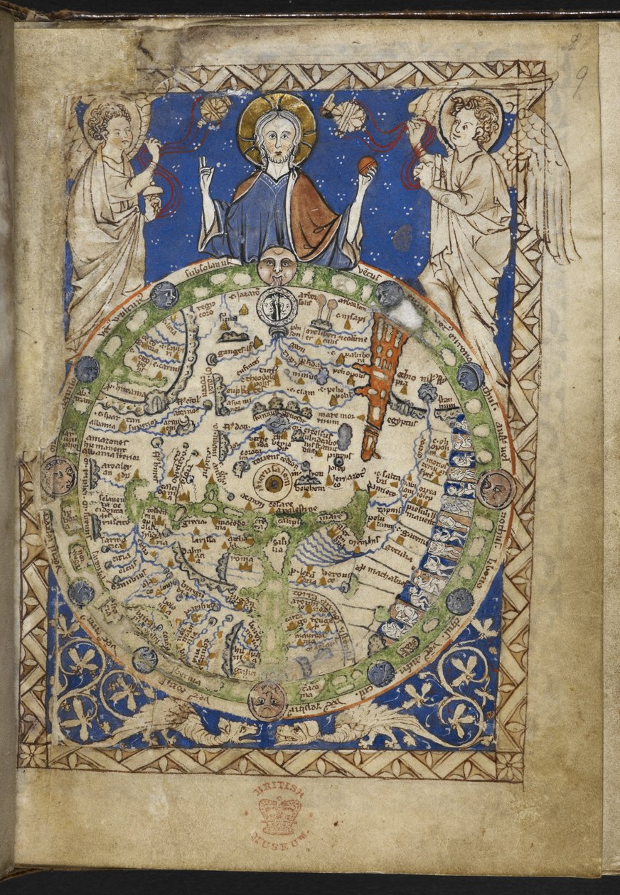 添加 MS 28681 f.9 《诗篇》，附加赞美诗、祈祷文和中世纪世界地图（"地图诗篇"） 1262-70（牛皮纸上的墨水、彩色和金色图案） 作者 英语学校