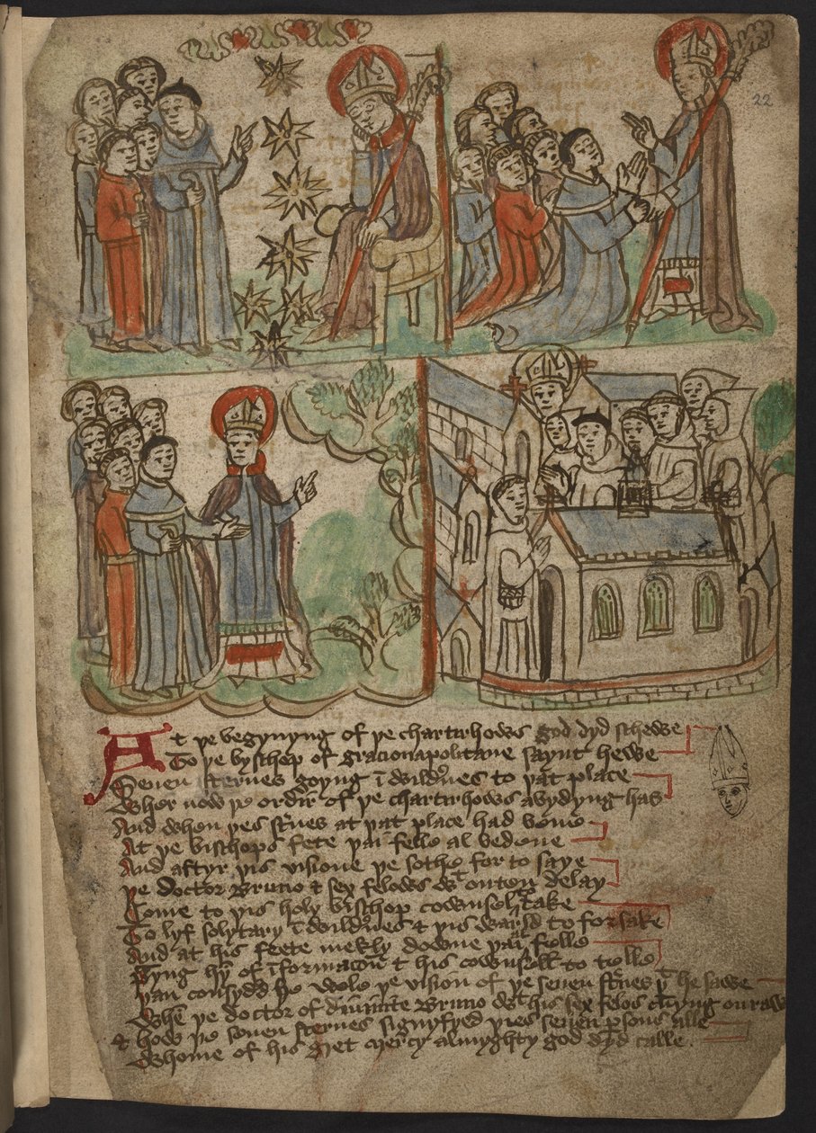 添加 MS 37049，f.22 北英语的《Carthusian Miscellany》（宗教散文和诗歌），包括曼德维尔游记的缩写（摘要）（纸张上的墨水和色彩） 作者 英语学校