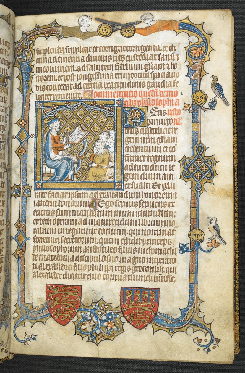 添加 MS 47680，f.8r，亚里士多德教学，选自 "Secretum Secretorum"（《秘密的秘密》）。 作者 英语学校