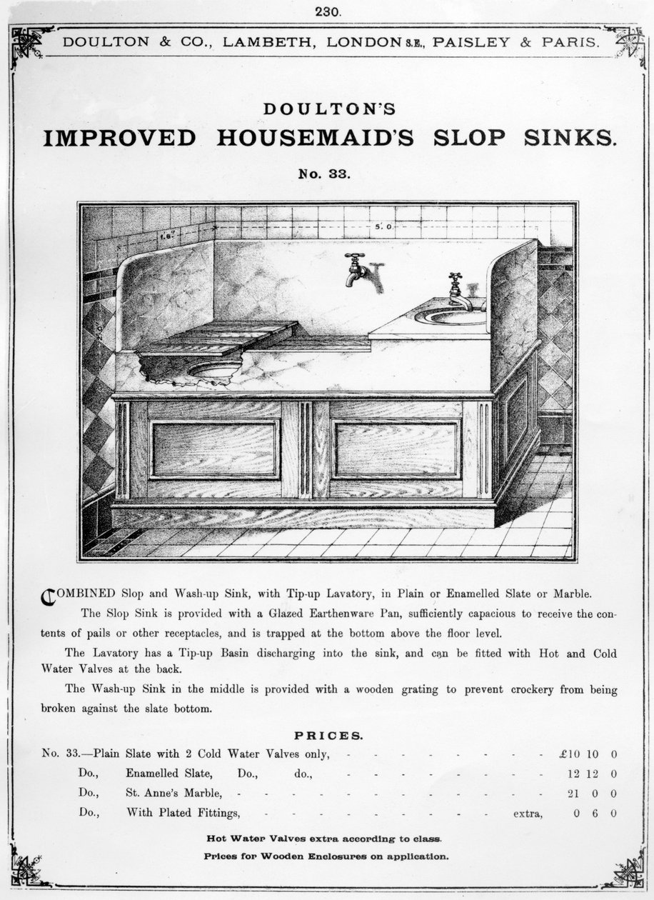 &39;Doulton&39;s Improved Housemaid&39;s Slop Sinks&39;的广告，1880年代 作者 英语学校