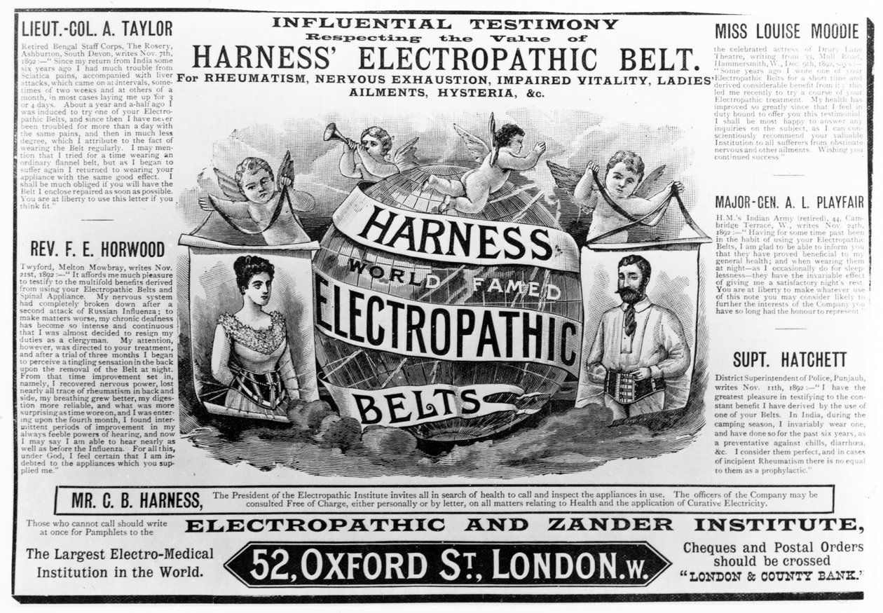 &39;Harness world着名的Electropathic Belts&39;的广告，c.1890 作者 英语学校