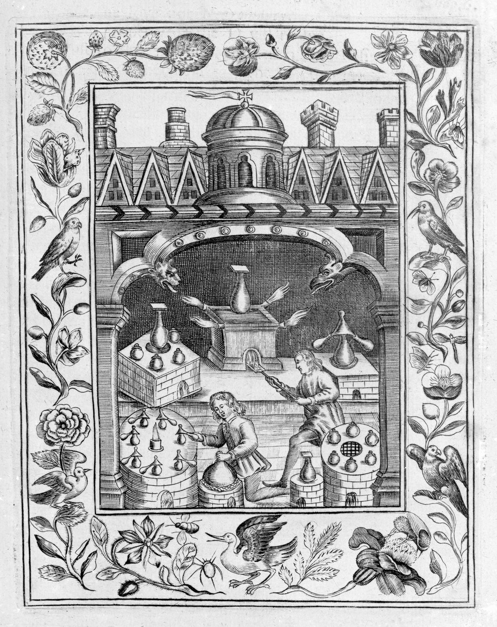 炼金实验室展示各种形式的炉子和容器，取自Theatrum Chemicum Britannicum，作者：Elias Ashmole，1652 作者 英语学校