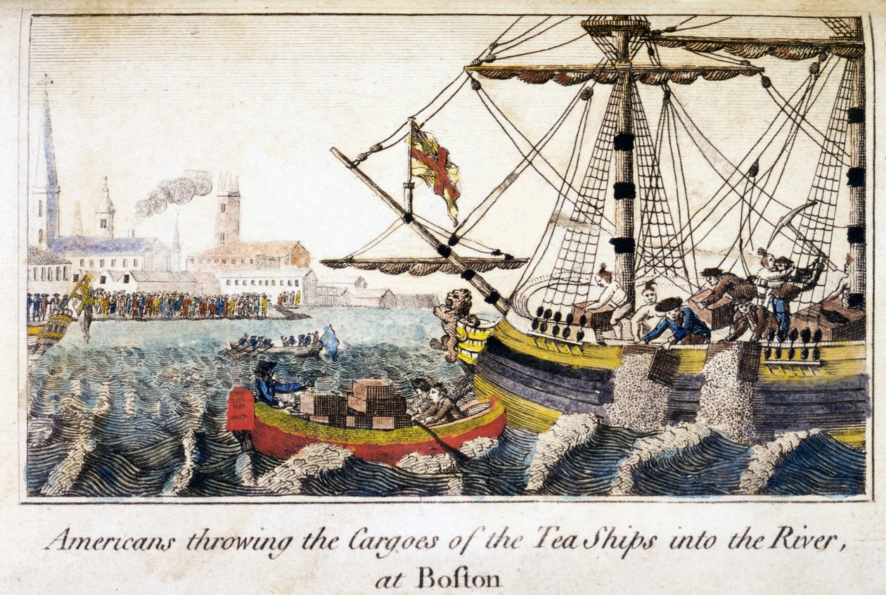 Americans throwing the cargoes of the tea ships into the river, at Boston, from History of the North Americas, pub. London 作者 英语学校