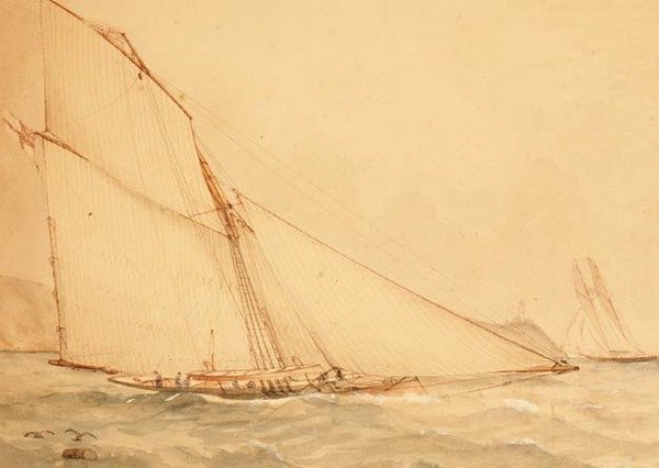 一艘八米长的顶帆帆船，皇家游艇队，约1860年（纸上水彩）。 作者 英语学校