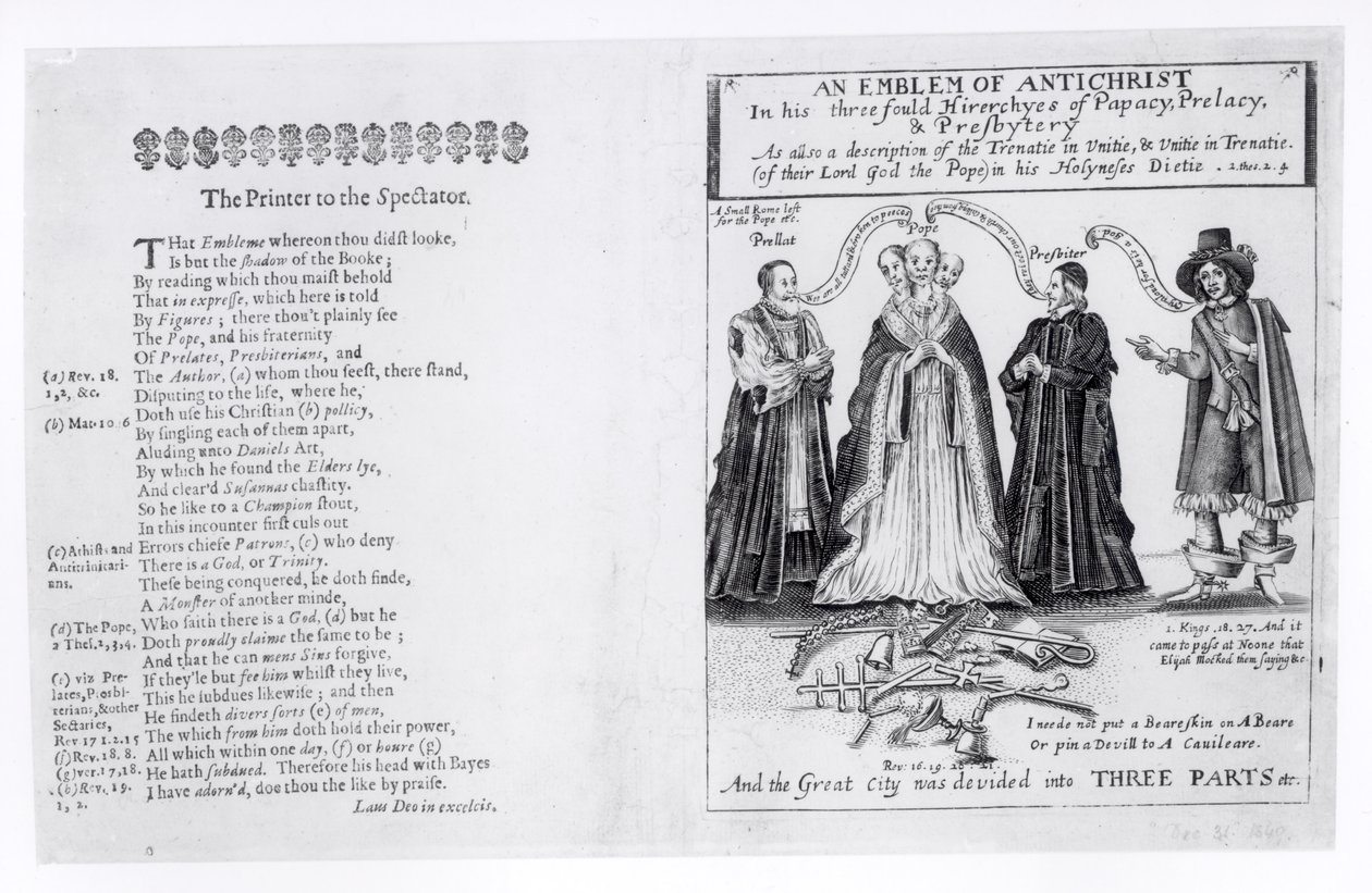 1649年他的三重教皇，Prelacy和长老会的敌基督者的象征 作者 英语学校