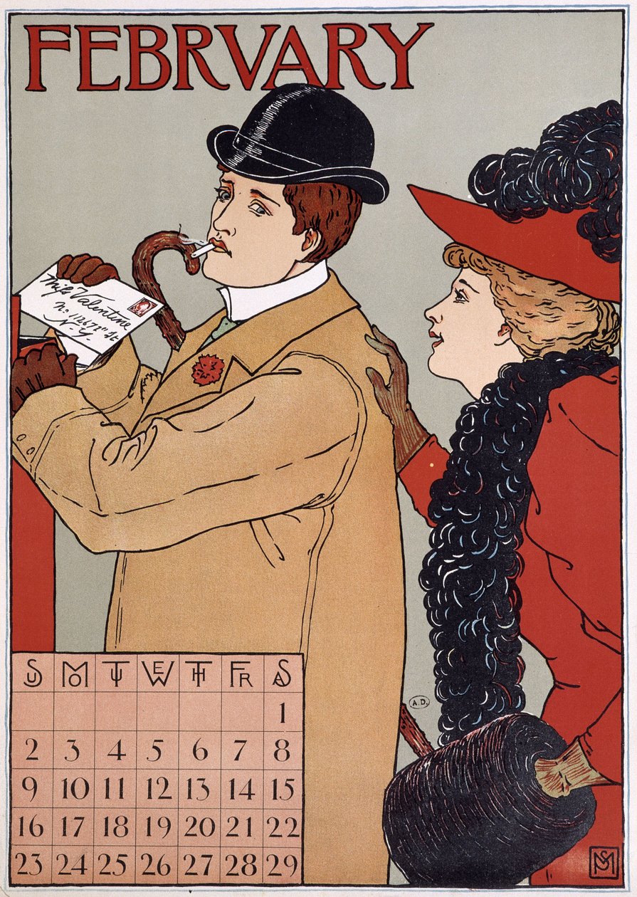 An elegant couple (man posts a letter), English calendar image, month of February, n.d. late 19th century. 作者 英语学校
