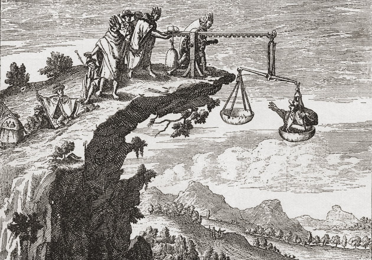这是一种向罪犯逼供的不寻常方法，源自 Theodorus de Bry 的 16 世纪绘画。 这一幕展示了罪犯坐在不公正的天平上，而牧师则俯身在悬崖上准备接受他的忏悔。 大概 作者 英语学校