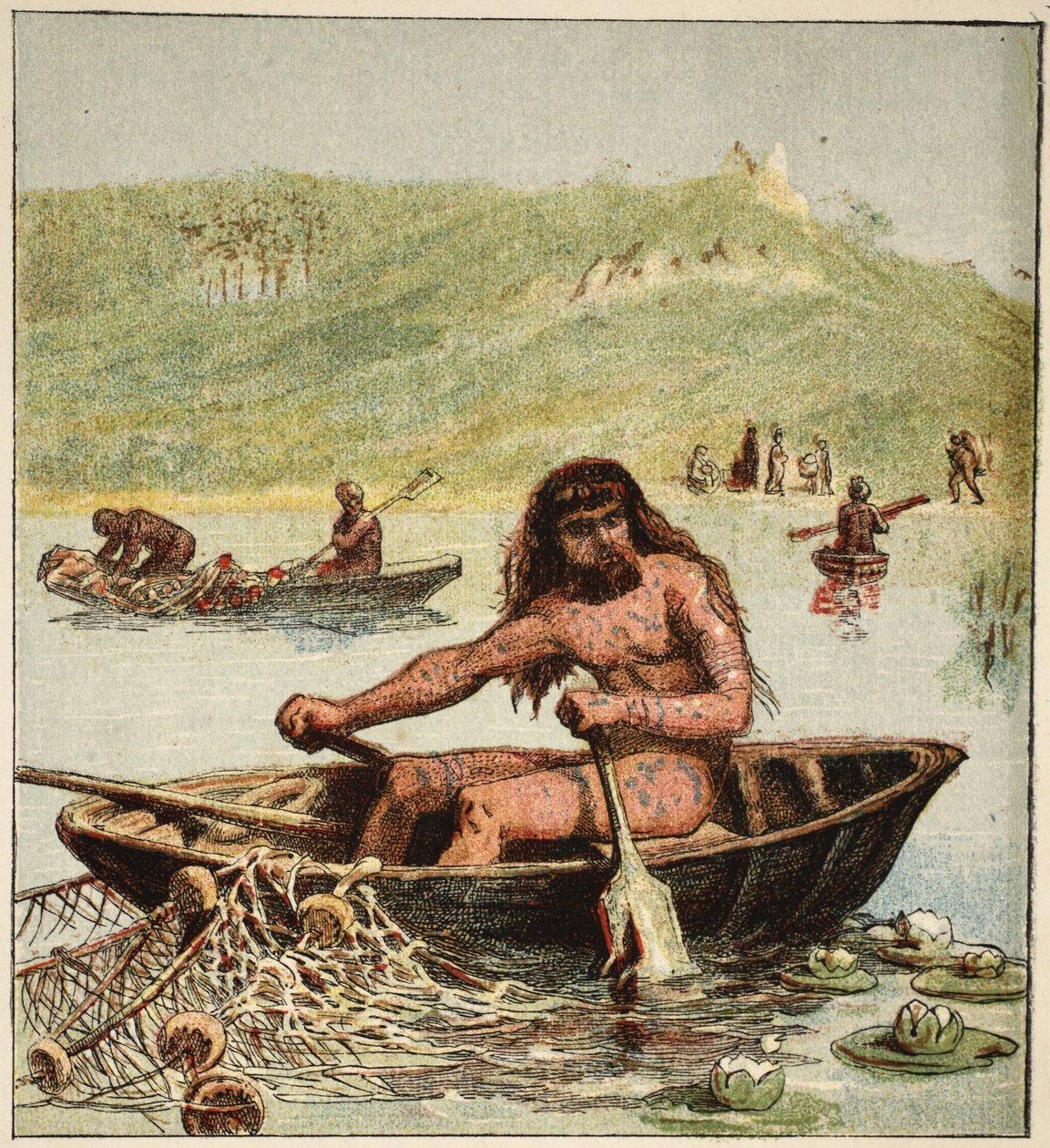古代英国人在他的船上，出版。1890年（彩色石版画 作者 英语学校