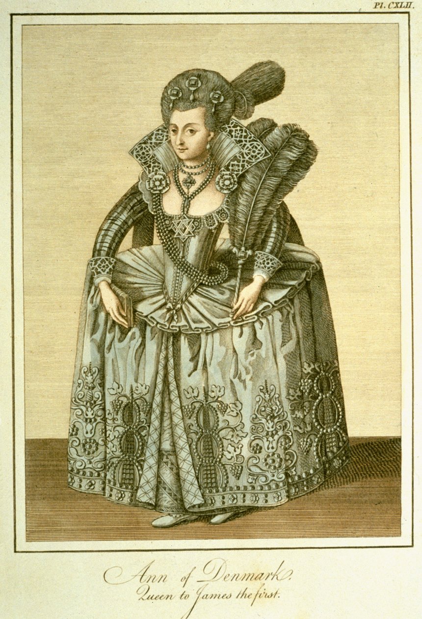 丹麦的安妮（1574-1619）詹姆斯一世的妻子，插图来自英格兰人民服饰和习惯的完整视图第二卷，1799年出版 作者 英语学校