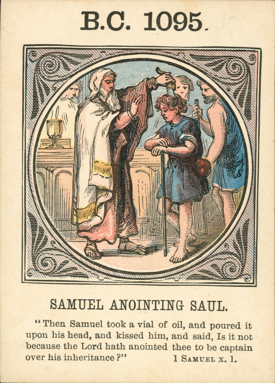 世界年：公元前 1095 年，撒母耳膏抹扫罗（彩色石版画） 作者 英语学校