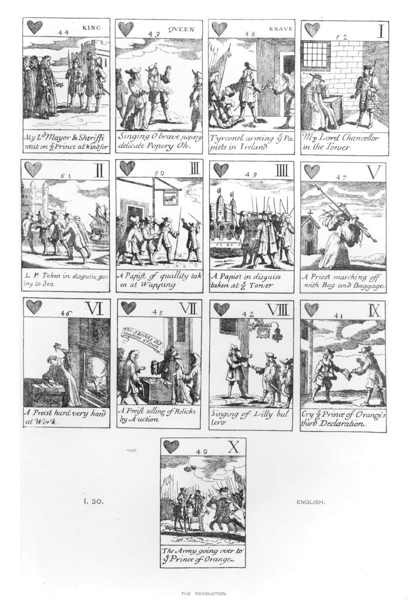 反天主教的扑克牌纪念1688年的光荣革命，心脏套装 作者 英语学校